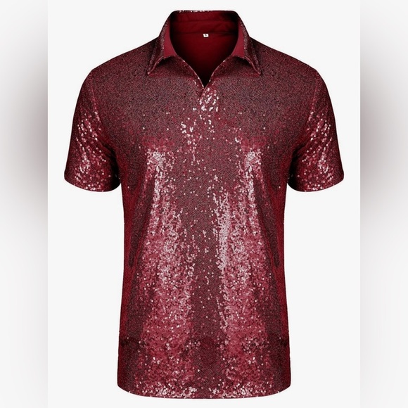 NWT. URRU. Men's Relaxed Turndown Red Sequin Disco Party Shirt. Size 3XL. - Picture 1 of 12